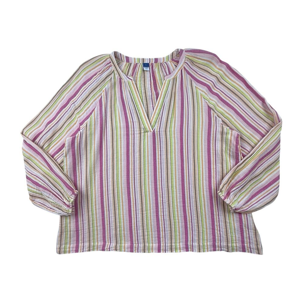 Old Navy Popover Blouse Pink Multi-Stripe Cotton Gauze LS Top Split Neck Large - Picture 5 of 13